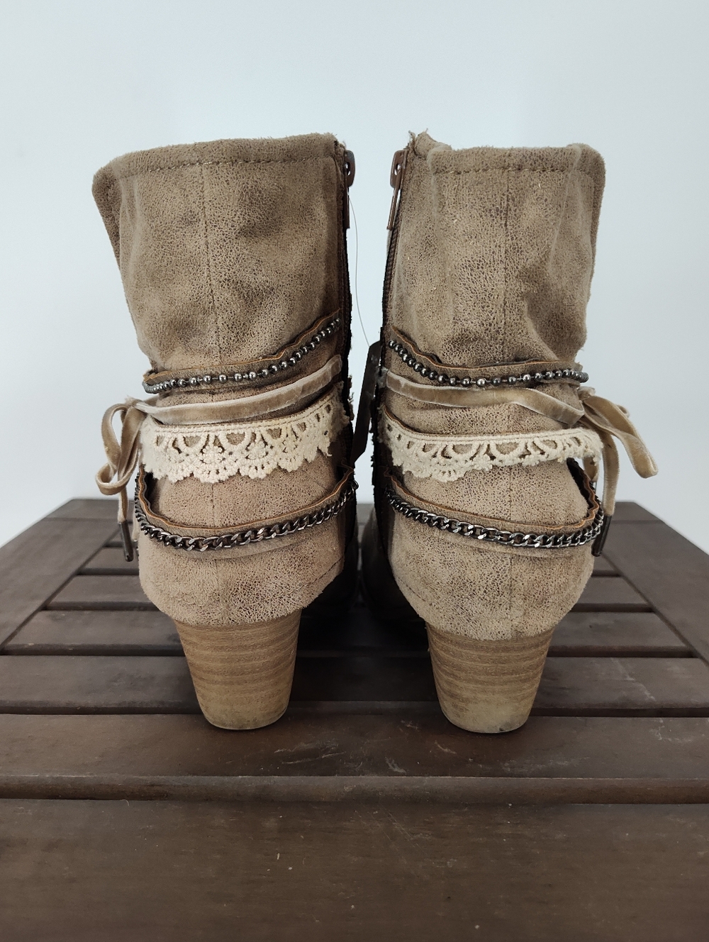 pop Wichita Taupe Faux Leather Lace-Trim Heeled Ankle Boots Women's 8.5M - Picture 2 of 13